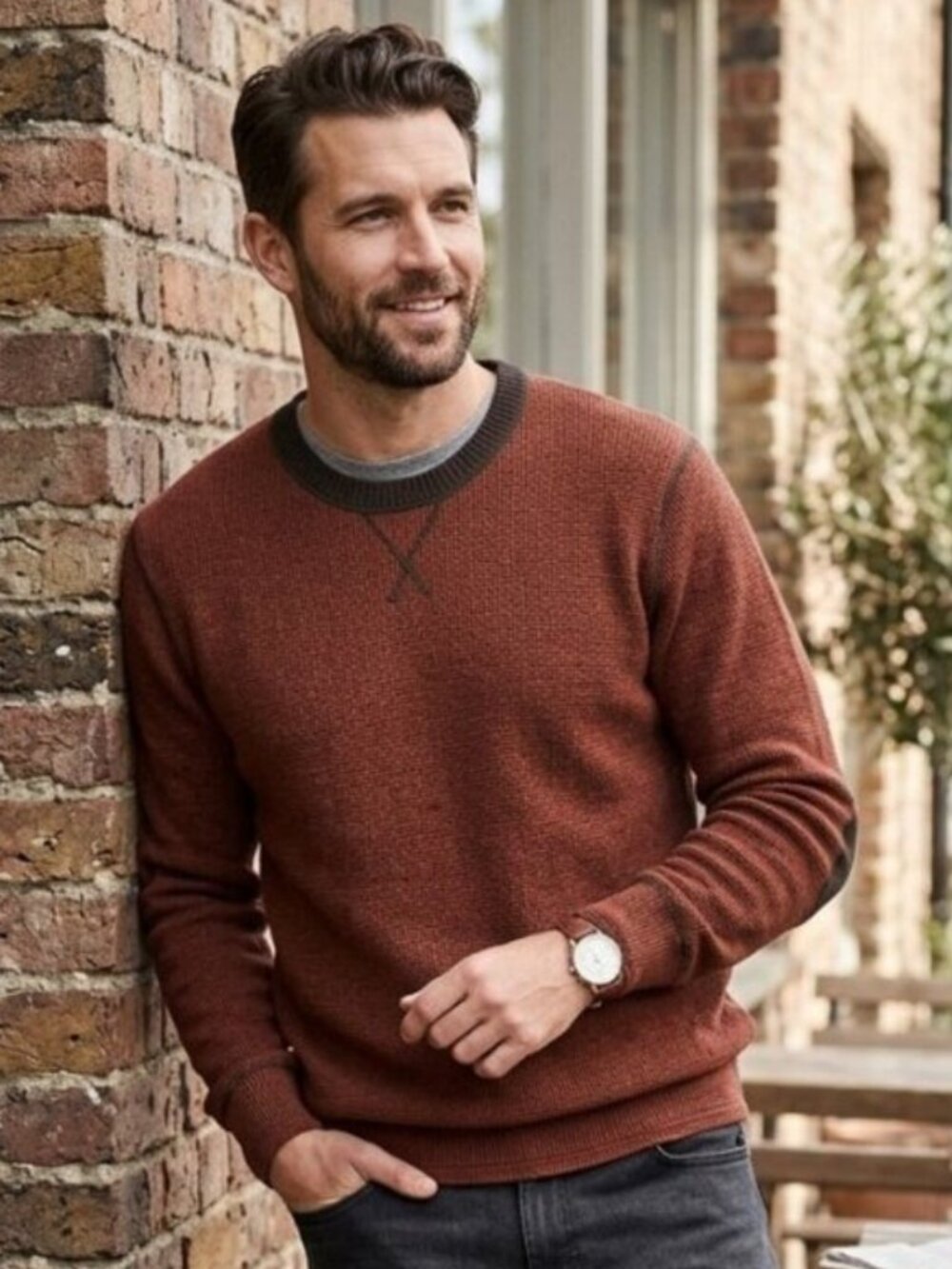 True Measure Sweater XL wool red pullover elbow patches contrast stitching
